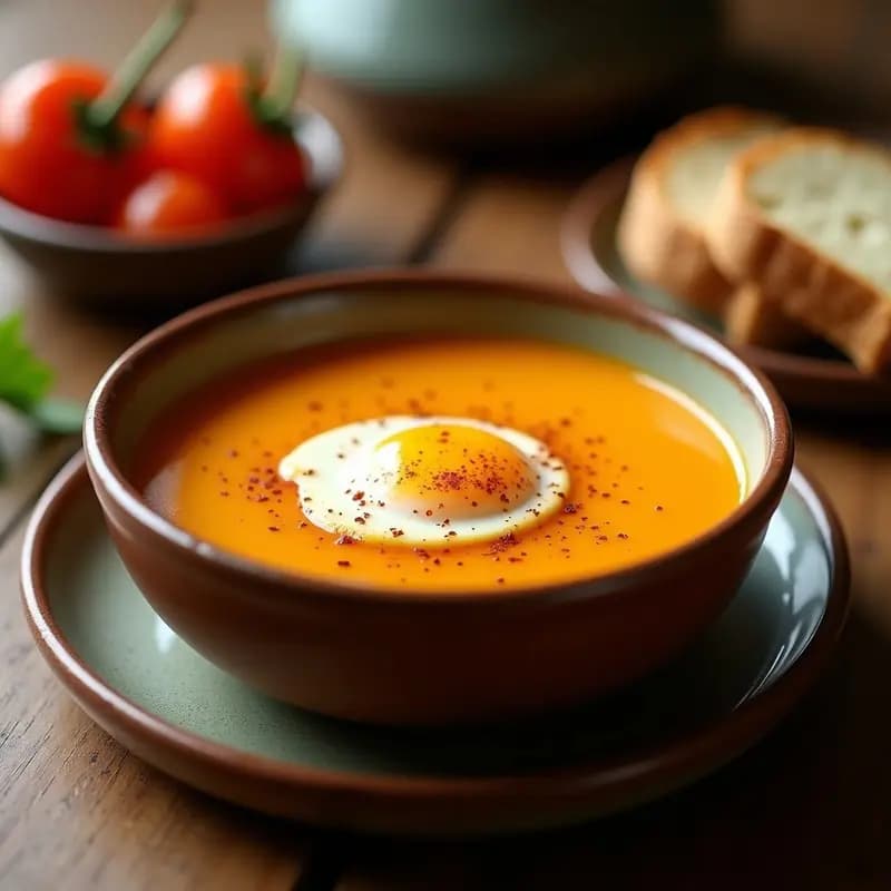 Plato hondo de barro con sopa cremosa de color naranja intenso, típica del tiznao murciano, coronada con un huevo pochado de yema líquida y un hilo de aceite de oliva virgen extra. Al fondo, rebanadas de pan rústico y hierbas frescas.