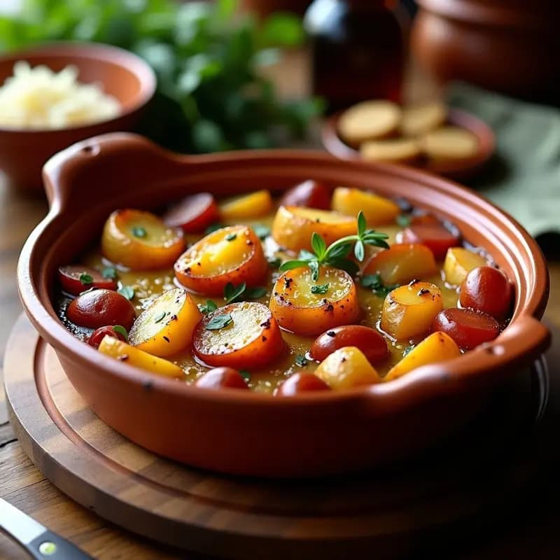 Fuente de barro horneada con Tocino de Bravo con Patatas Panaderas: rodajas de patata doradas, trozos de tocino crujiente y cebolla caramelizada, decorado con perejil fresco.