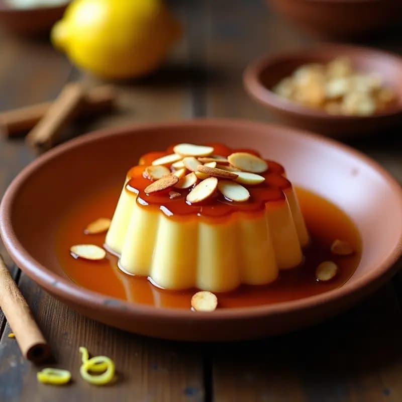 Tocino de Cielo con Sirope de Aguamiel en molde de barro, textura cremosa y dorada, decorado con almendras fileteadas y un hilo de sirope brillante, postre tradicional andaluz sin azúcar refinado.
