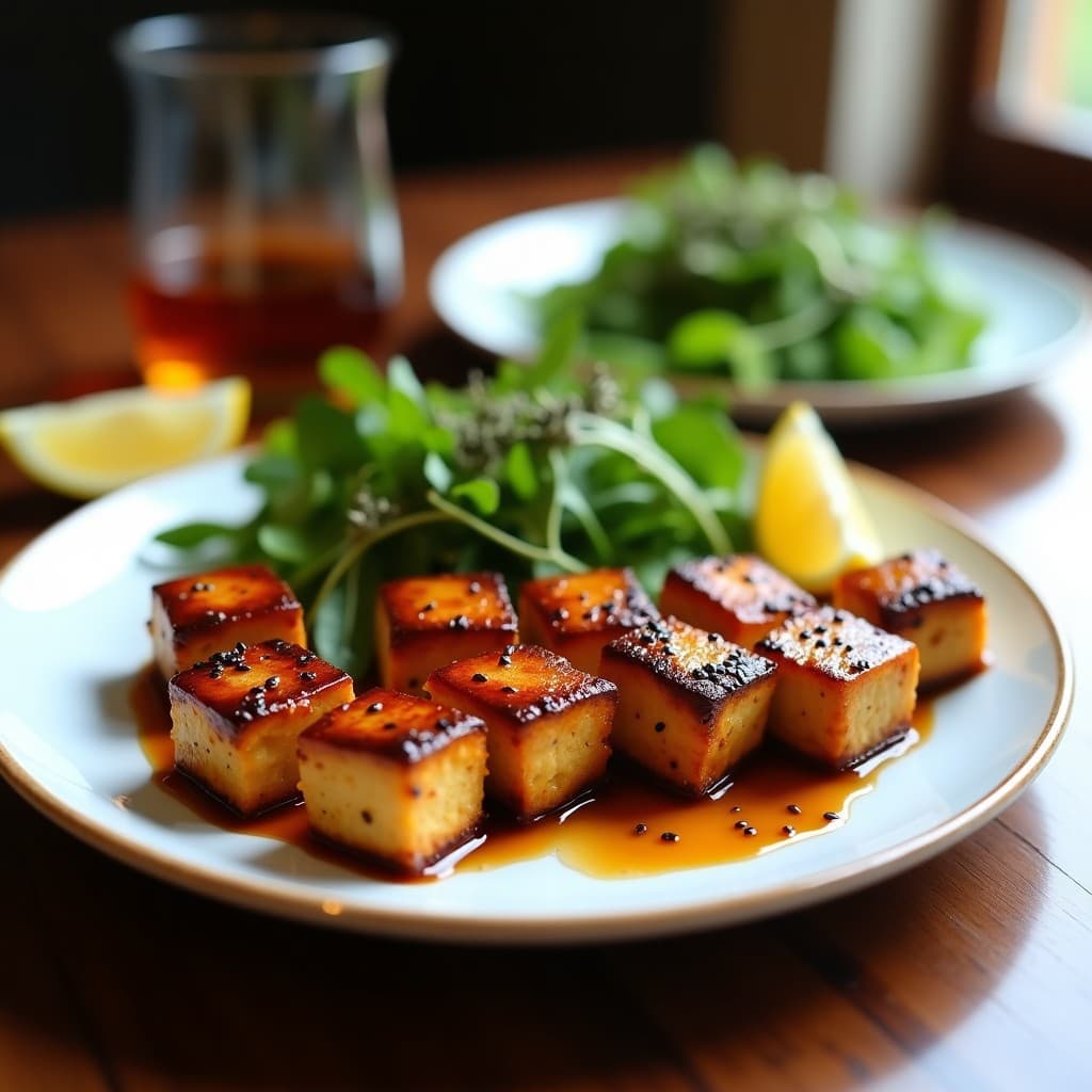 Plato de tofu ahumado dorado y brillante con marinado de whisky y miel, servido sobre lecho de ensalada verde, decorado con semillas de sésamo y rodajas de limón. Receta vegana para BBQ en airfryer.