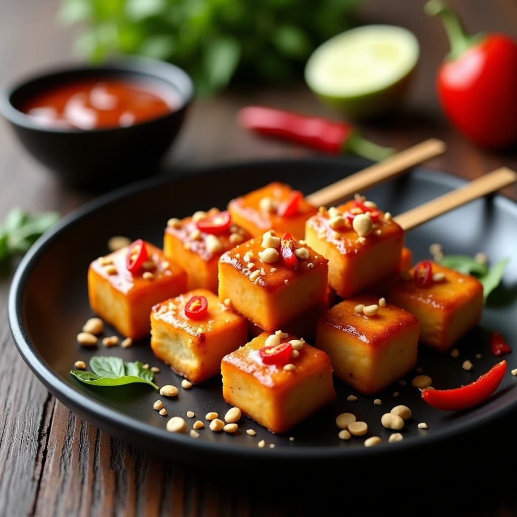 Brochetas doradas de tofu marinado en salsa de tamarindo y chile, crujientes por fuera, con cacahuetes tostados y pimienta de Sichuan espolvoreados, servidas en plato negro con fondo de hojas de kaffir y rodajas de chile rojo fresco.