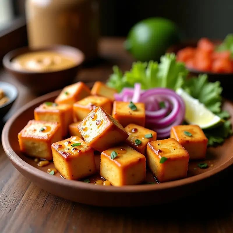 Brochetas de tofu dorado y crujiente en un plato de madera, bañadas con salsa satay cremosa de maní y decoradas con cebolla morada y cilantro fresco. Receta indonesia vegana al satay con pimienta de cayena en airfryer.