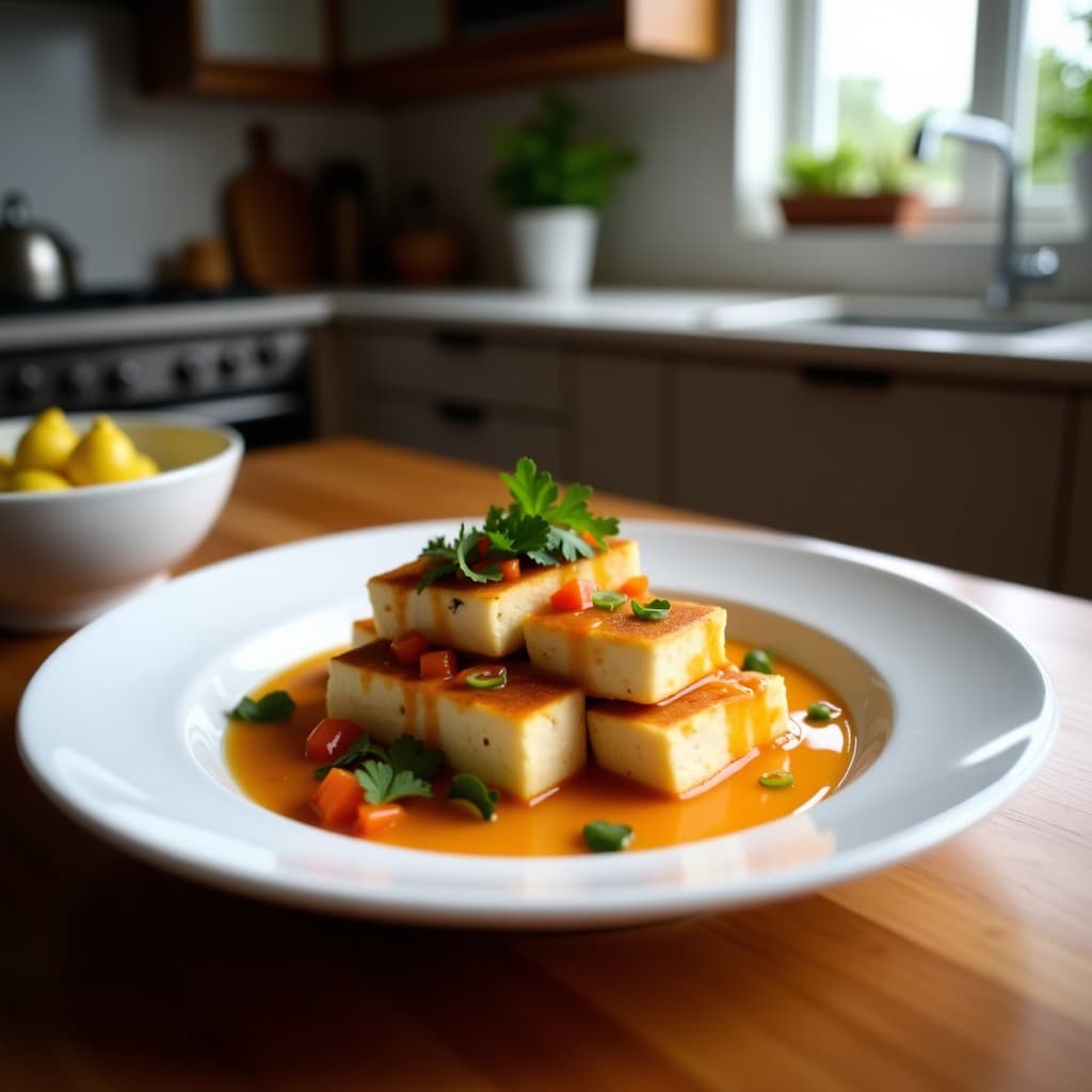 Plato de tofu dorado en cubos bañado en una salsa cremosa de color beige, espolvoreado con semillas de sésamo y cilantro fresco, acompañado de rodajas de limón y cebolla morada salteada. Receta de tofu al satay con salsa de maní y limón, estilo indonesio vegano.