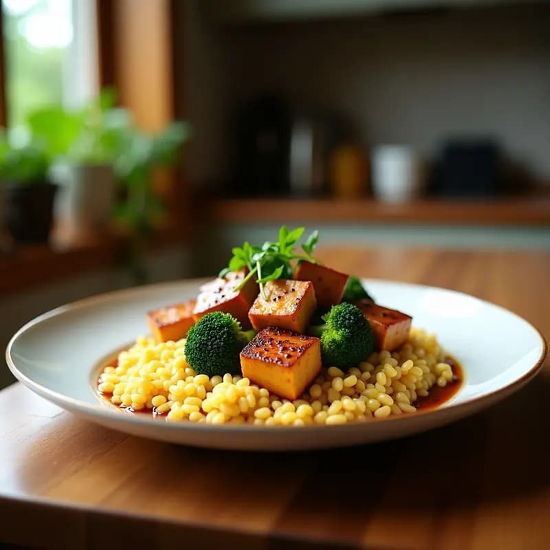 Plato blanco con tofu teriyaki dorado y brillante cubierto de salsa espesa, acompañado de brócoli al vapor verde intenso y arroz jasmin esponjoso. Semillas de sésamo tostadas espolvoreadas por encima. Receta japonesa vegana en 20 minutos.