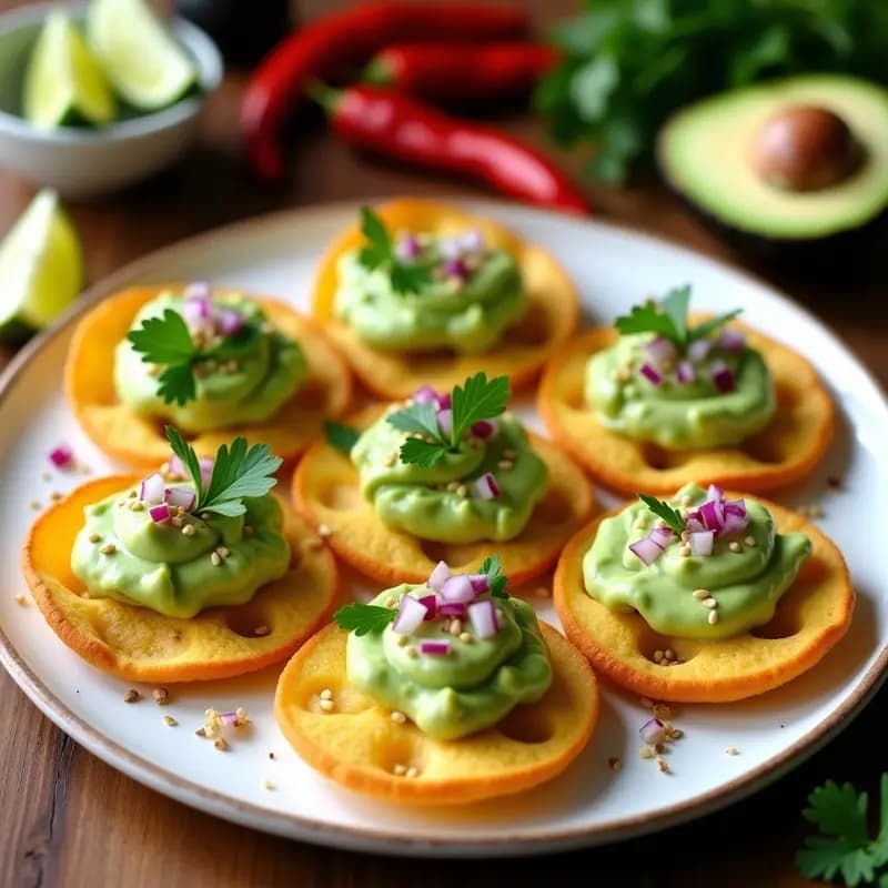 Plato de tolla de maíz dorada y crujiente con crema de aguacate verde brillante, decorada con chiles secos, cebolla morada y semillas de sésamo, receta argentina vegana sin gluten.