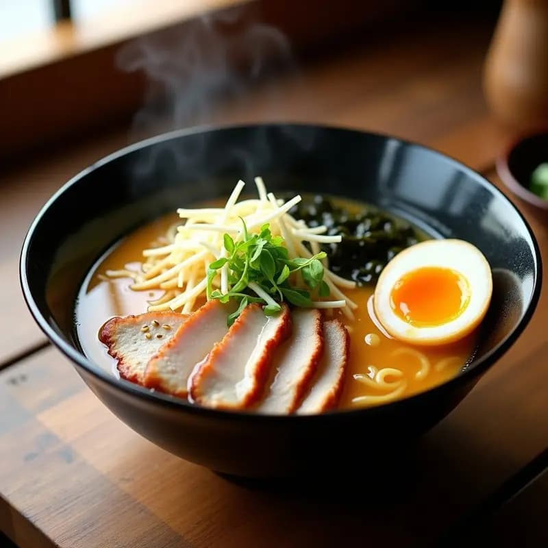 Cuenco hondo de cerámica negra con Toneraki Ramen: caldo cremoso tonkotsu, fideos ramen al dente, rodajas de lomo de cerdo toneraki, huevo marinado cortado por la mitad mostrando yema líquida, brotes de soja, cebollino y algas nori. Plato tradicional japonés reconfortante con colores cálidos y texturas sedosas.