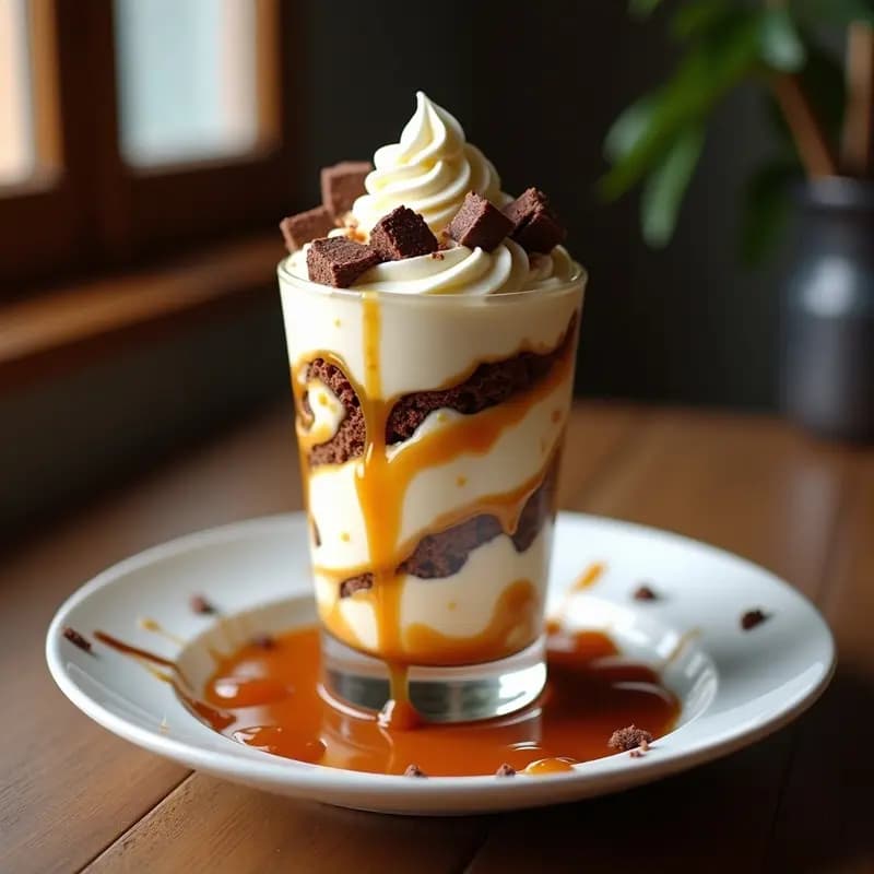 Tornado de Helado de Vainilla con Brownie y Sirope de Caramelo: Postre de Feria en Casa
