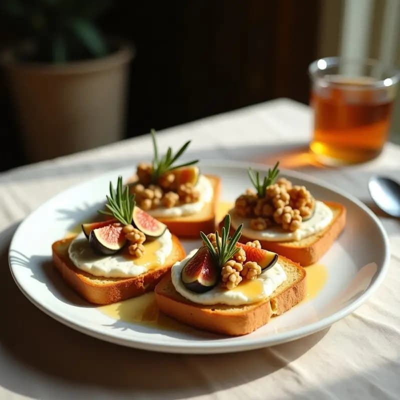Torradas doradas de pan de maíz sin gluten con trozos de queso de cabra cremoso, higos frescos en cuartos, nueces picadas y un hilo de miel de lavanda, servidas en un plato rústico de cerámica blanca sobre un mantel de lino beige.
