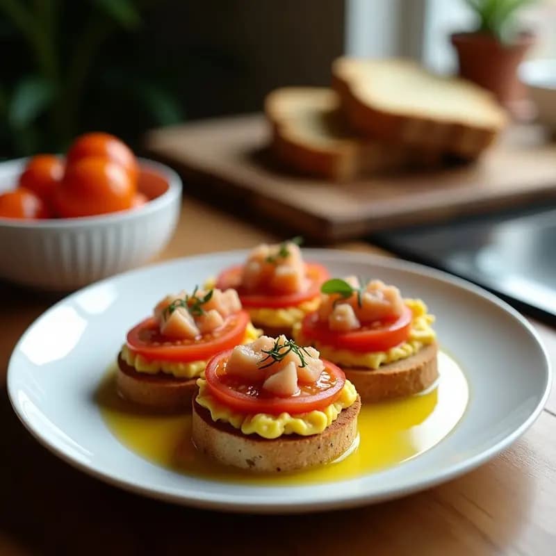 Plato rústico con cuatro torradas doradas cubiertas de pulpa de tomate fresco, filetes de anchoas en salazón, láminas de ajo y perejil picado, bañadas en aceite de oliva virgen extra. Desayuno mediterráneo rápido y tradicional.