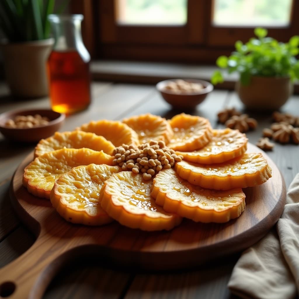 Torrijas doradas de calabacín asado en bandeja de madera, bañadas en miel brillante y espolvoreadas con nueces troceadas. Postre saludable para diabéticos con fondo de kitchen rústica.