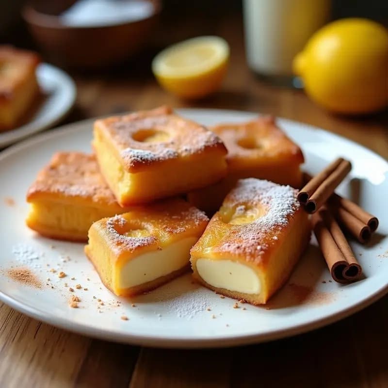 Plato blanco con torrijas doradas de leche merengada, espolvoreadas con canela y azúcar glas, acompañadas de una ramita de canela y rodajas de limón, postre tradicional de Cuaresma.