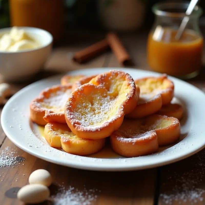 Torrijas de leche merengada doradas y esponjosas, espolvoreadas con azúcar y canela, servidas en un plato blanco rústico con una rama de canela y rodajas de limón al lado, postre tradicional de Pascua.