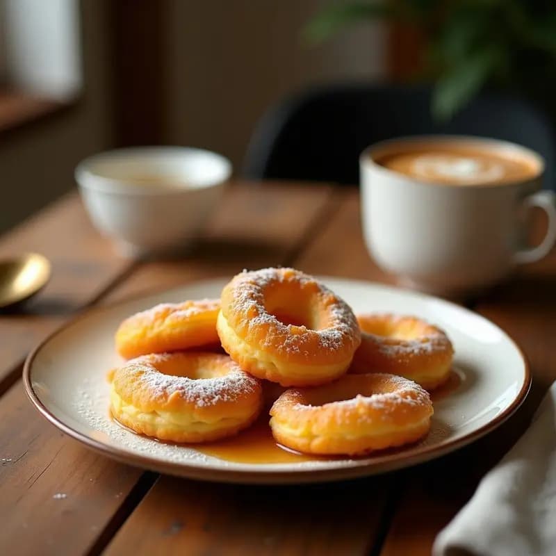 Torrijas doradas bañadas en leche merengada espesa, con un toque de canela en polvo por encima. Servidas en un plato blanco rústico, con un fondo de mesa de madera y un vaso de leche al lado.