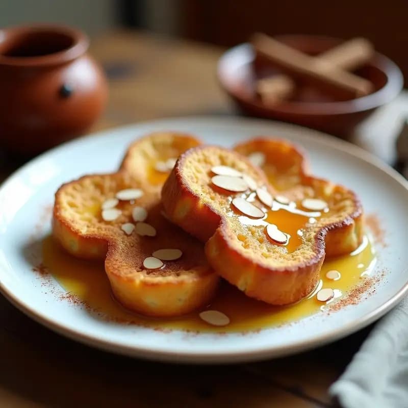Plato blanco rústico con torrijas de pan de barro doradas, bañadas en miel de romero y espolvoreadas con canela molida y almendras fileteadas. Postre tradicional de Cuaresma sin horno.