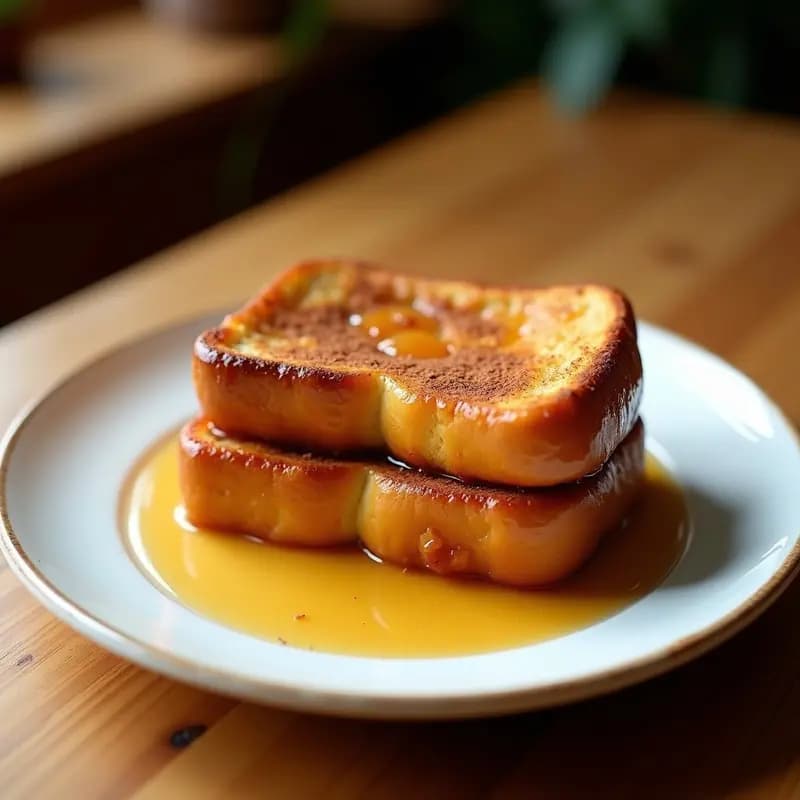 Plato blanco con torrijas doradas de pan de brioche bañadas en glaseado brillante de miel y canela, servidas con un espolvoreado de canela en polvo sobre fondo rústico de madera.