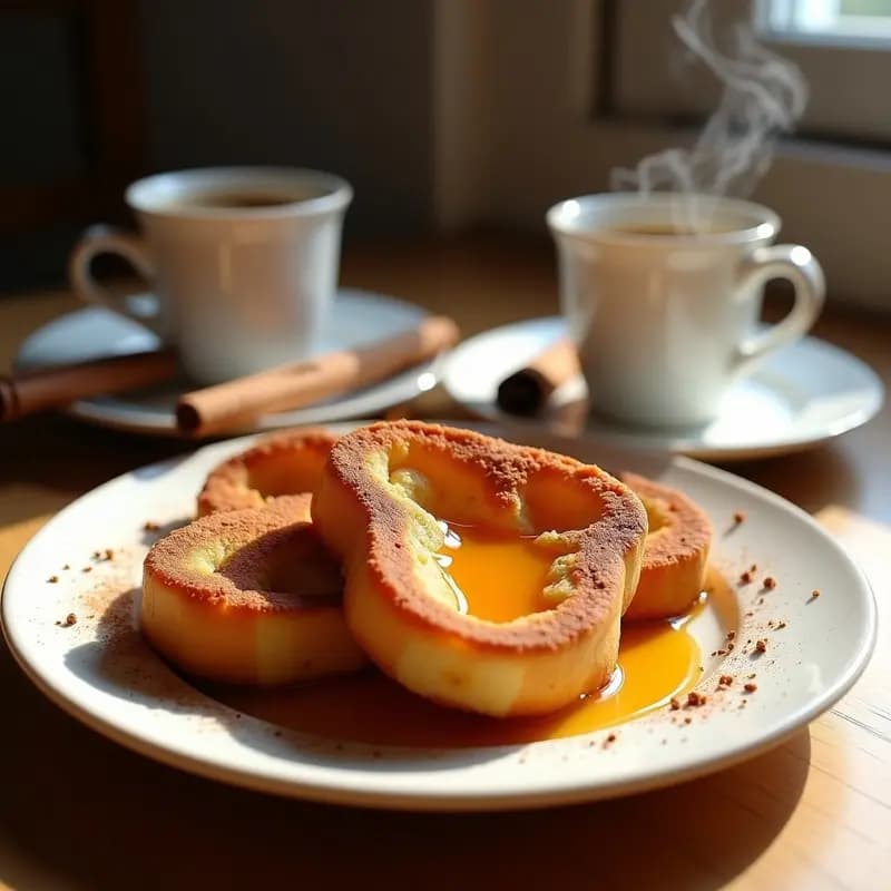 Plato blanco rústico con torrijas de pan duro doradas, bañadas en miel brillante y espolvoreadas con canela en polvo. Fondo de mesa de madera con una taza de café humeante y una rama de canela.