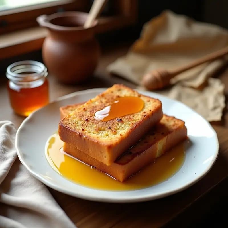 Plato blanco con torrijas de pan duro doradas bañadas en miel de romero, espolvoreadas con canela molida y servidas sobre papel de cocina. Fondo rústico con una cuchara de madera y un tarro de miel.