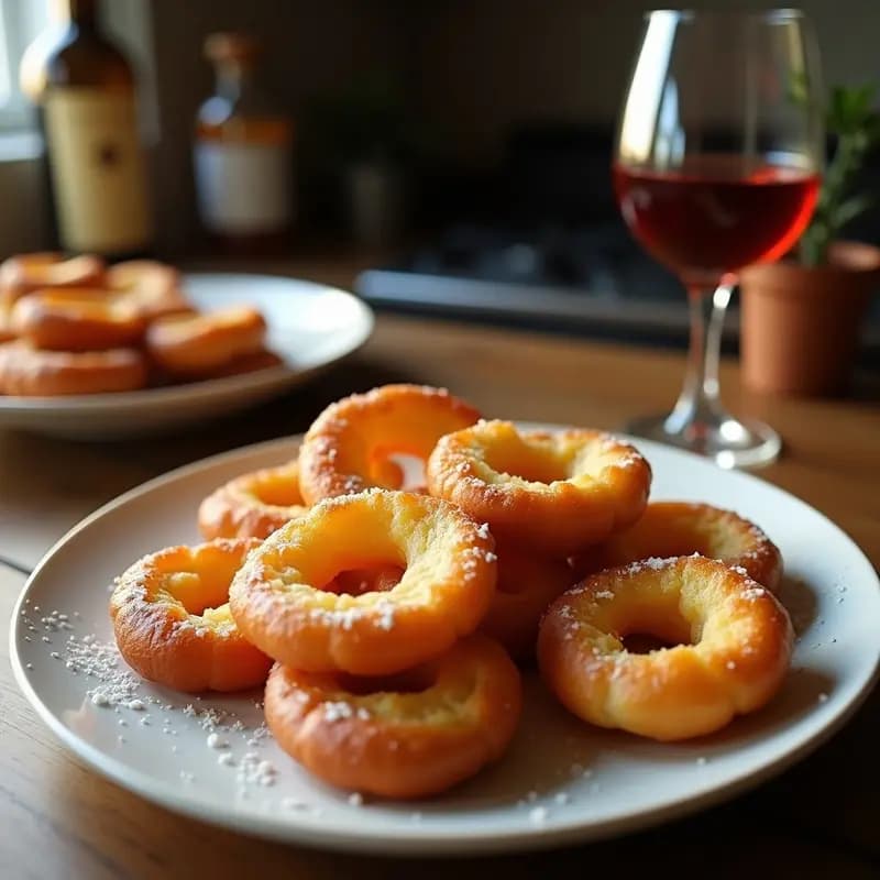 Torrijas doradas y crujientes de pan duro con vino moscatel, servidas en un plato blanco con un hilo de miel y espolvoreadas con azúcar, sobre una mesa rústica de madera con una copa de vino moscatel al fondo. Receta tradicional de Semana Santa en airfryer.