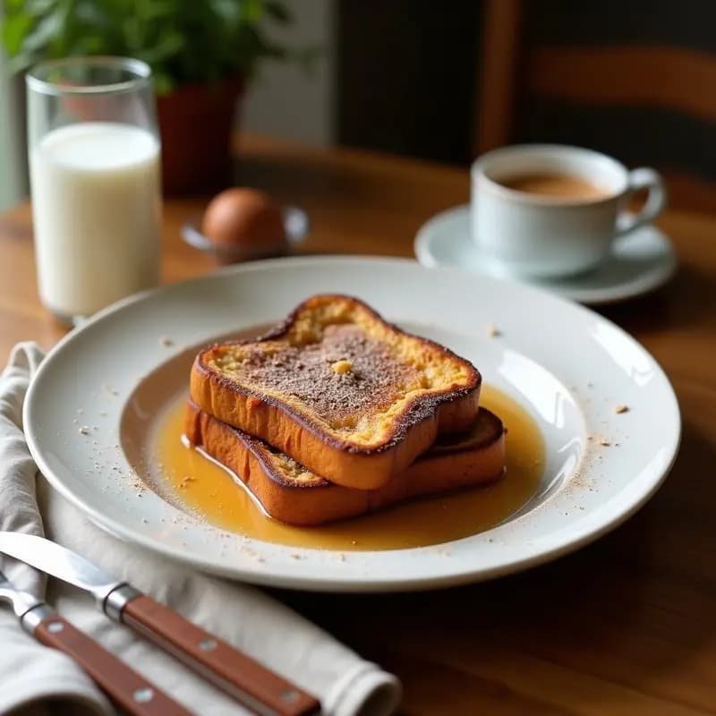 Torrijas doradas de pan de espelta apiladas en un plato blanco, bañadas en sirope de arce, con almendras fileteadas y coco rallado espolvoreado. Fondo rústico con una rama de canela y una taza de leche de coco.