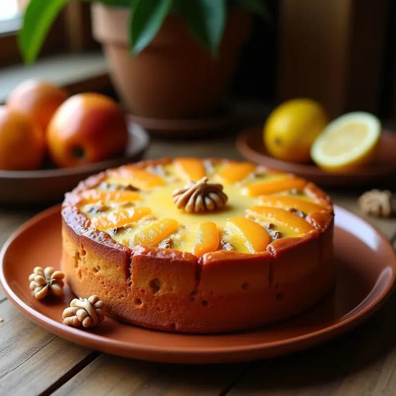 Torta de aceite dorada y esponjosa con trozos visibles de membrillo y nueces, servida en un plato rústico de barro con una rodaja de limón al lado, postre andaluz sin lactosa tradicional.