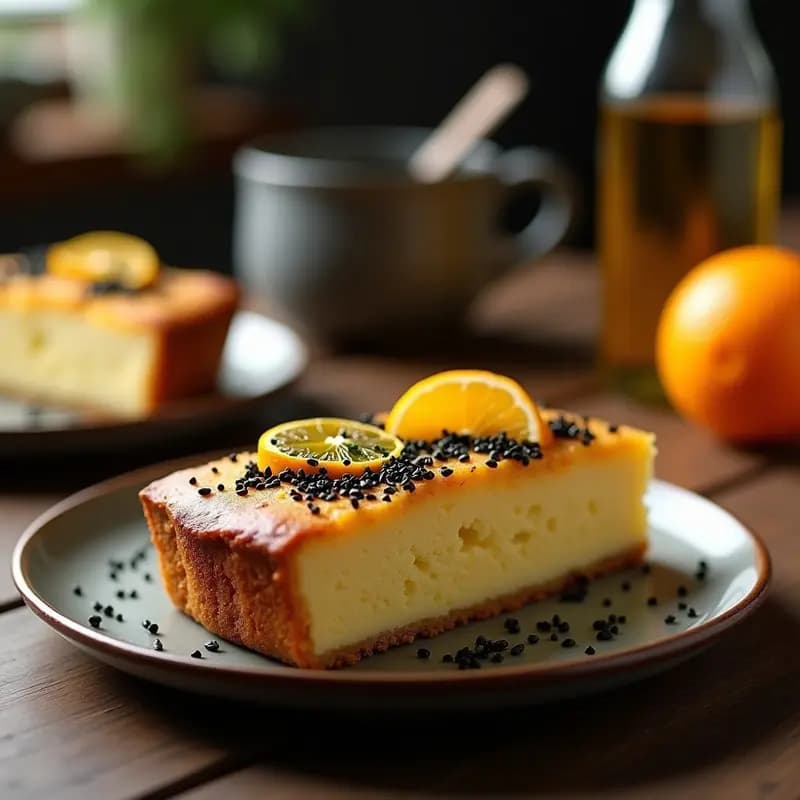Torta dorada y esponjosa de aceite y naranja con algas marinadas, decorada con semillas de sésamo negro y trozos de alga nori. Desayuno español gourmet sin azúcar servido en plato de cerámica rústica con fondo de madera oscura.