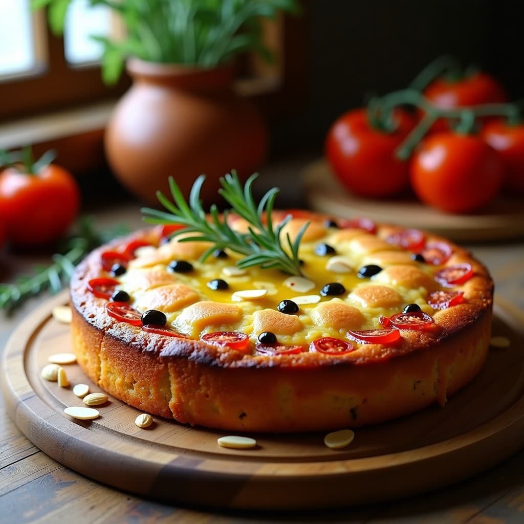 Torta dorada de aceite de oliva y romero con tomates secos y almendras fileteadas en superficie, servida en molde rústico sobre tabla de madera con hierbas frescas.
