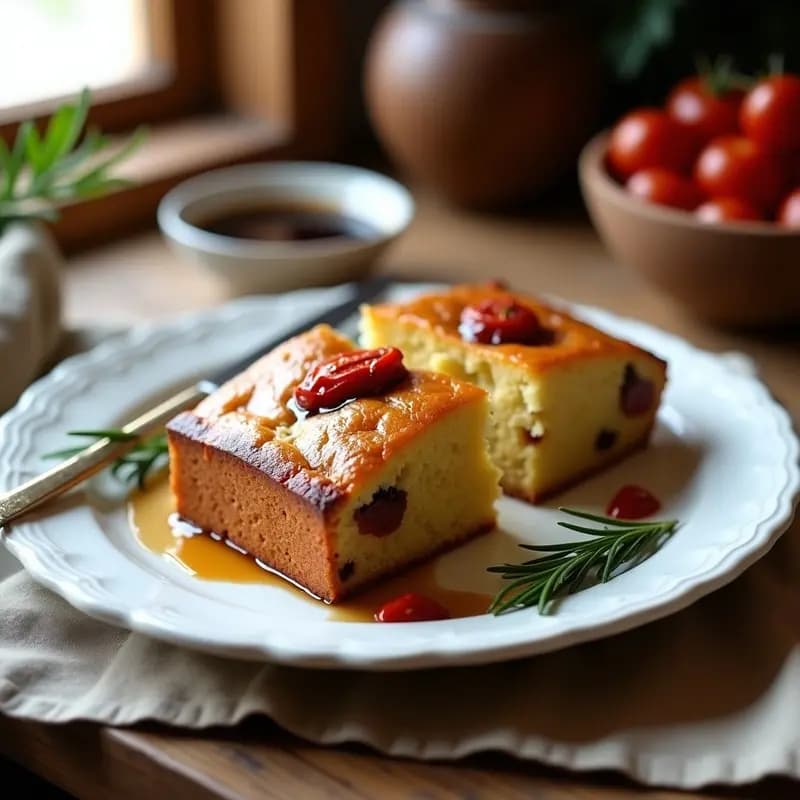 Torta de aceite dorada con semillas de sésamo, trozos de tomate seco y un hilo de vinagre balsámico, sobre fondo rústico de madera. Desayuno andaluz sin gluten.