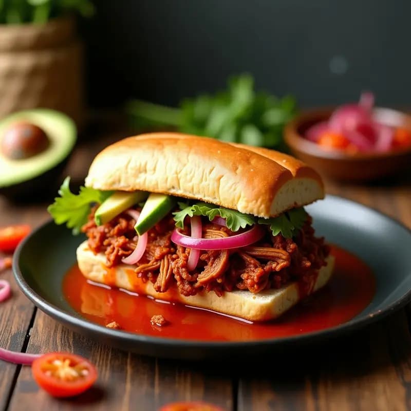 Sandwich mexicano vegano de ahogada de carnitas de seitán: pan bolillo tostado relleno de seitán dorado en salsa de jitomate y chile guajillo, acompañada de cebolla morada encurtida con naranja, rodajas de aguacate y lechuga, servido en plato de barro con más salsa derramada al lado.