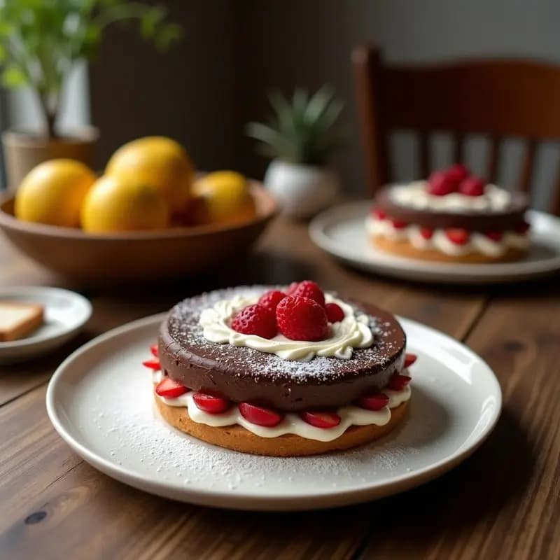 Torta Caprese de chocolate y almendras con corazón líquido de frambuesa, postre italiano sin gluten, cortada por la mitad mostrando el centro rojo brillante y jugoso, sobre un plato blanco con frambuesas frescas y cacao en polvo espolvoreado.