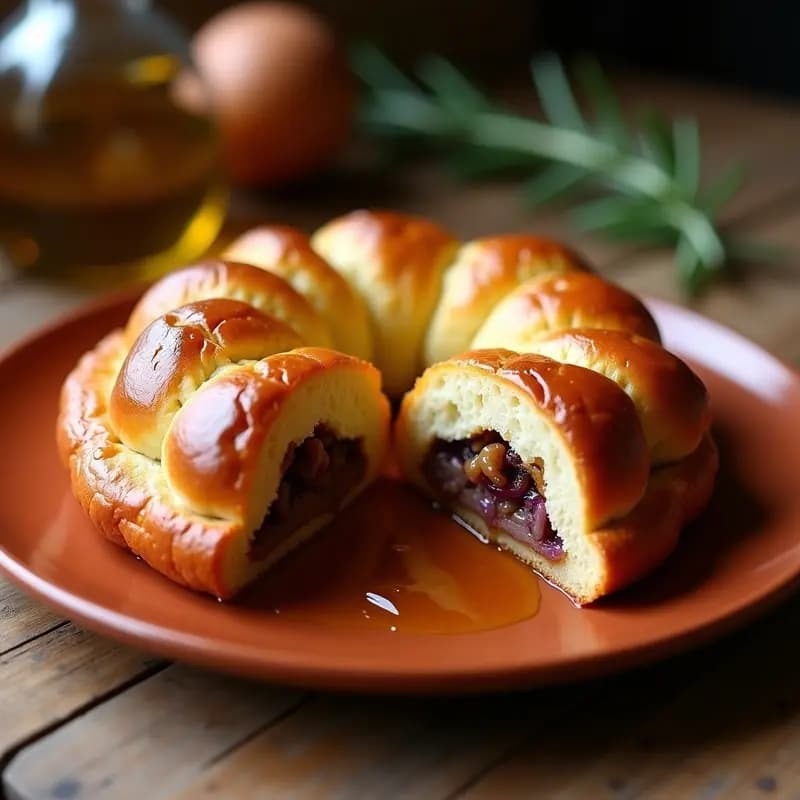 Torta de chicharrones con cebolla caramelizada recién horneada, dorada y esponjosa, servida en un plato de barro rústico con un trozo cortado para mostrar el relleno de cebolla dulce y chicharrones. Receta andaluza tradicional de aprovechamiento.