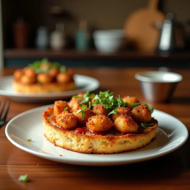 Tortas doradas y crujientes de chicharrones con pan de higo, postre extremeño tradicional de Semana Santa, servidas en un plato rústico de barro.