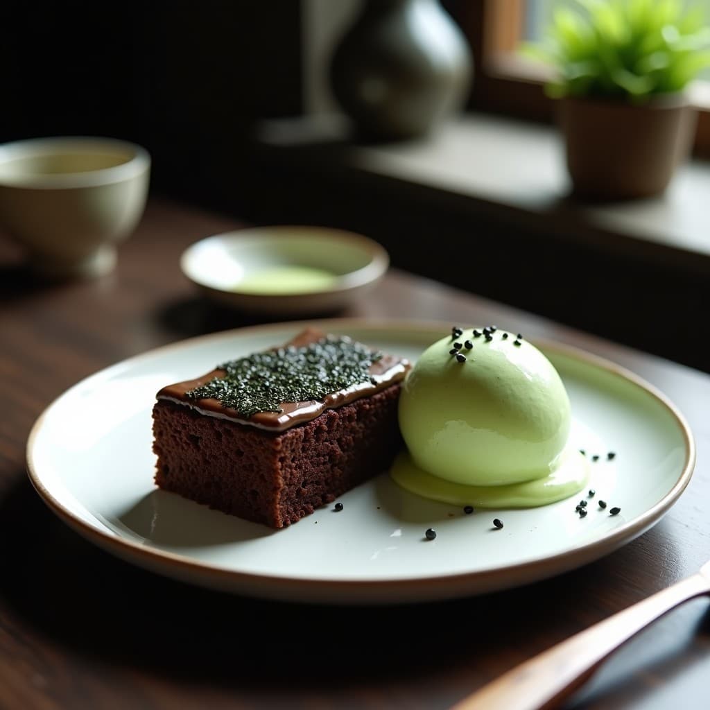 Torta de chocolate negra con trozos de algas nori sobre un plato blanco, acompañada de una bola de helado de wasabi cremoso y espolvoreada con semillas de sésamo negro. Postre japonés dulce-salado elegante y sofisticado.