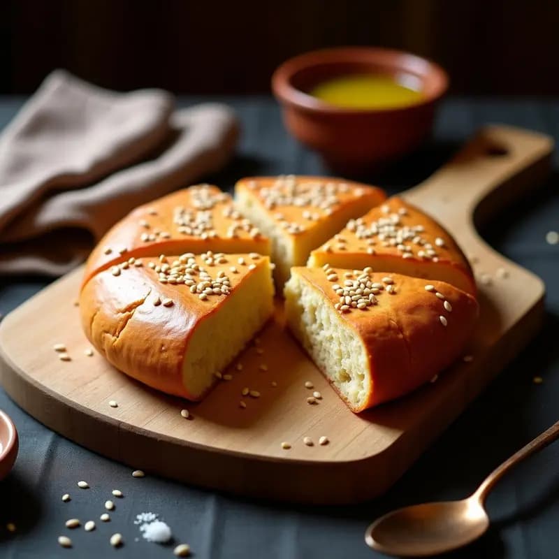 Torta de gazpacho extremeño dorada y esponjosa, con semillas de sésamo en la superficie, cortada en porciones gruesas sobre una tabla de madera rústica. Receta tradicional sin gluten.