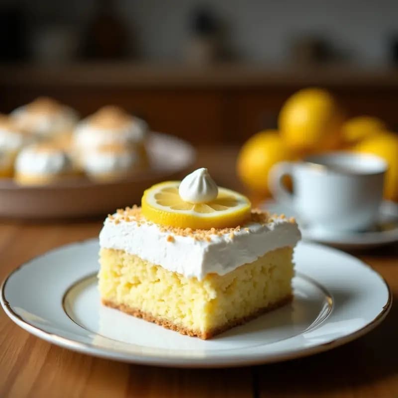 Torta de limón sin gluten con base dorada y esponjosa, coronada por un merengue suizo blanco y brillante con picos tostados. Postre alemán elegante servido en plato de porcelana con rodajas de limón fresco.
