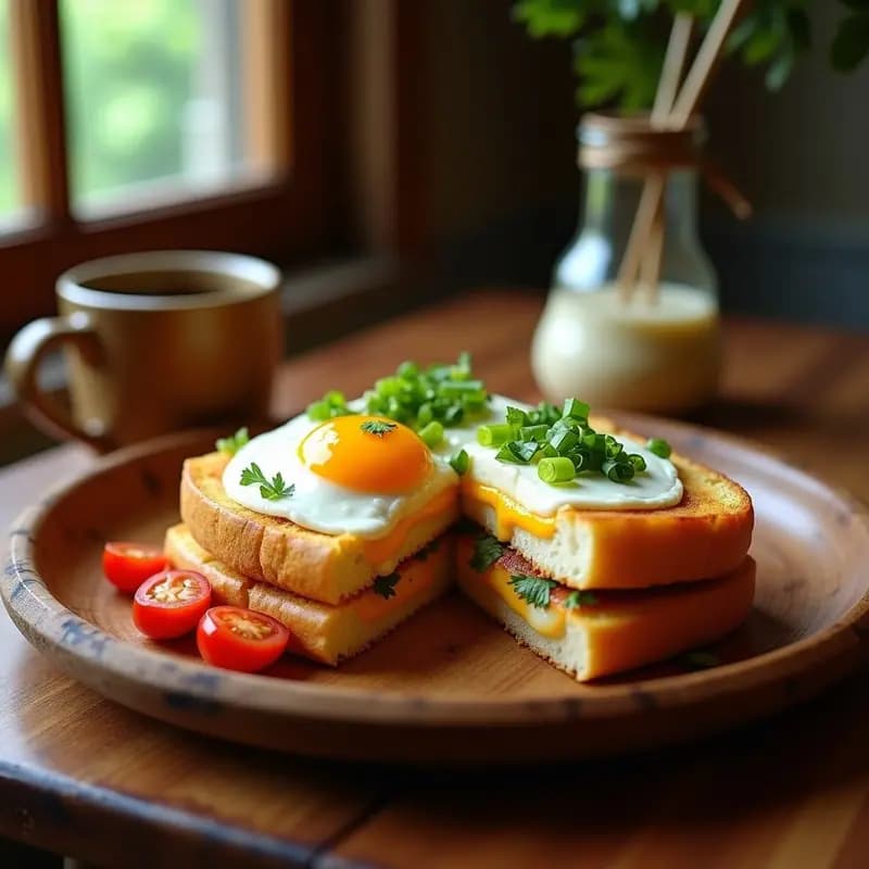 Torta de la Mama colombiana sin gluten: sándwich abierto con pan de yuca dorado, queso mozzarella derretido, huevo escalfado con yema líquida, cebollín, cilantro y tomates cherry, servido en plato de madera rústico.