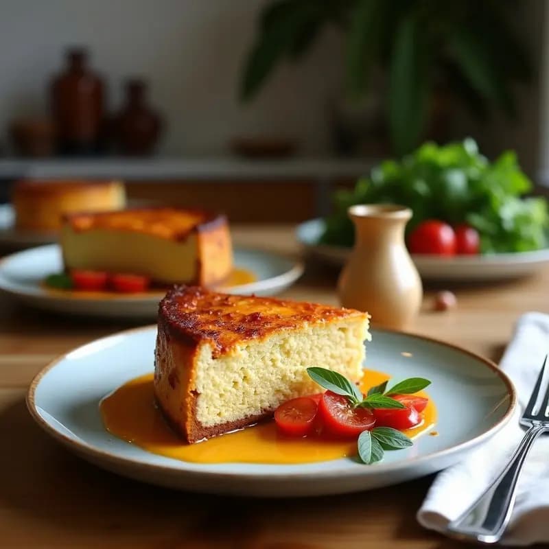 Torta de Santiago vegana recién horneada, dorada y esponjosa, con la cruz de Santiago en azúcar glass sobre un plato de cerámica blanca. Decorada con rodajas de limón y almendras fileteadas al alrededor, sobre una mesa de madera rústica con fondo borroso.