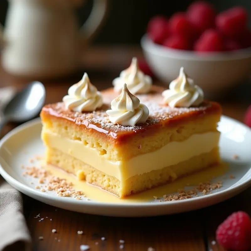 Torta de tres leches con harina de almendra en fuente blanca, empapada en leche de coco y evaporada, decorada con frambuesas frescas y un toque de canela. Postre latino sin gluten esponjoso y húmedo.