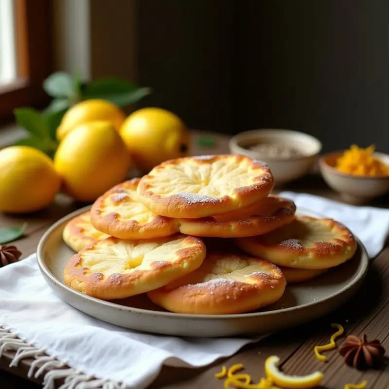 Bandeja de madera con tortas de aceite doradas, crujientes y aromáticas, decoradas con semillas de sésamo. Receta tradicional andaluza de repostería con anís y ralladura de limón.