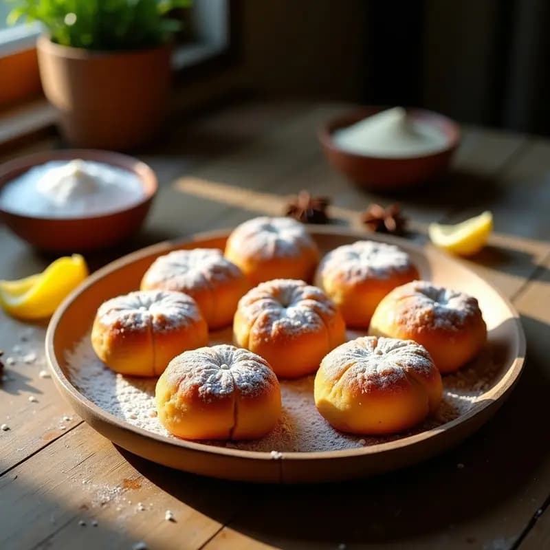 Tortas de aceite extremeñas con azúcar glas: dulces redondos y dorados, espolvoreados con azúcar glas, dispuestos en una bandeja de madera rústica con fondo de cocina tradicional.