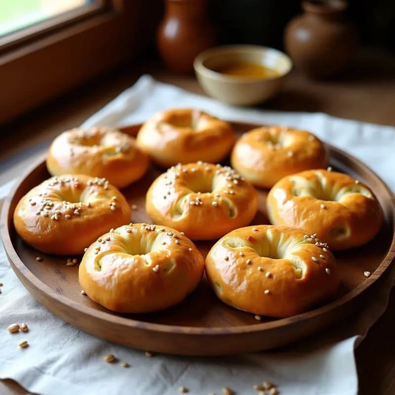 Tortas de aceite con manteca colorá recién horneadas, doradas y crujientes, con semillas de sésamo por encima, dispuestas en una bandeja de madera rústica sobre un mantel de lino blanco, receta tradicional sevillana.