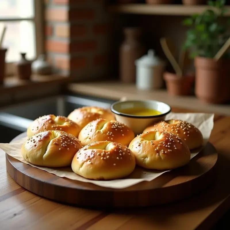 Tortas de aceite de oliva doradas y esponjosas sobre una bandeja de madera rústica, espolvoreadas con semillas de sésamo y con un chorrito de aceite de oliva brillante en la superficie.