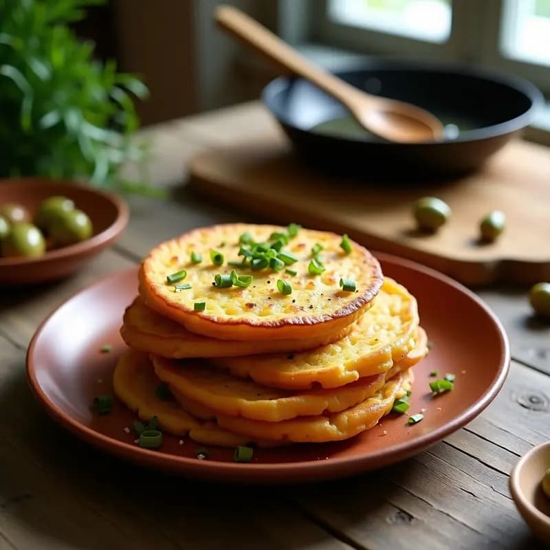 Tortas doradas y crujientes de aceite de oliva y patata veganas, apiladas en un plato rústico de barro con cebollino fresco espolvoreado y un fondo de sartén humeante.