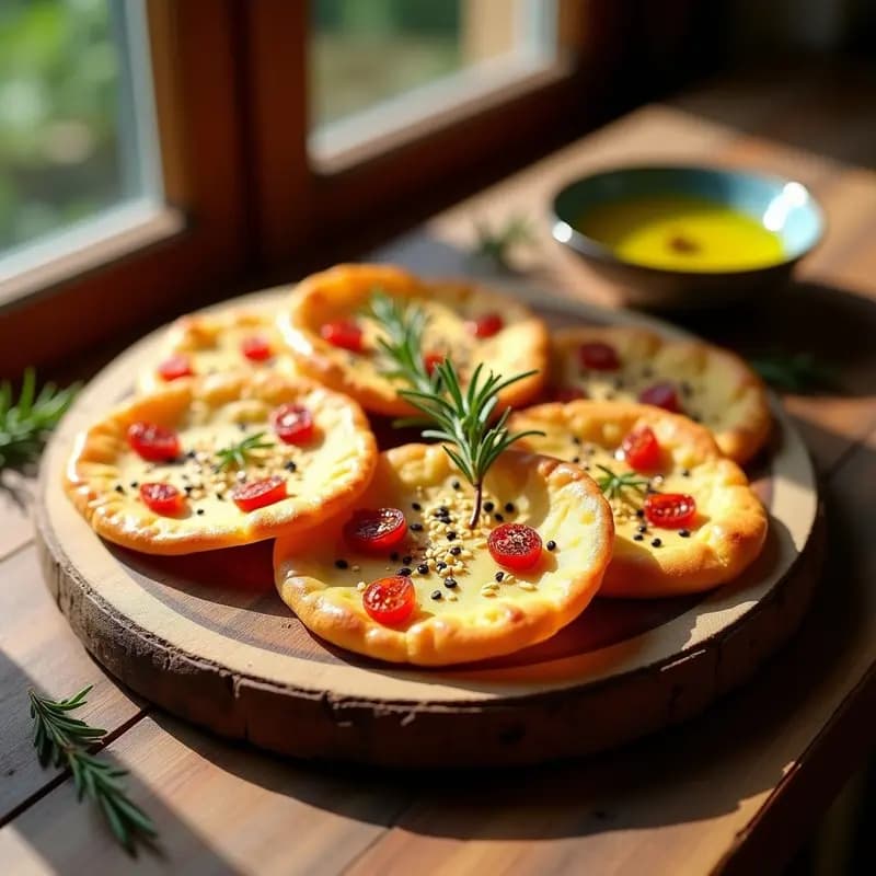 Tortas doradas y crujientes de aceite de oliva y romero con trozos de tomate seco encima, servidas en una tabla de madera rústica con hojas de romero fresco como decoración. Aperitivo español sin gluten.