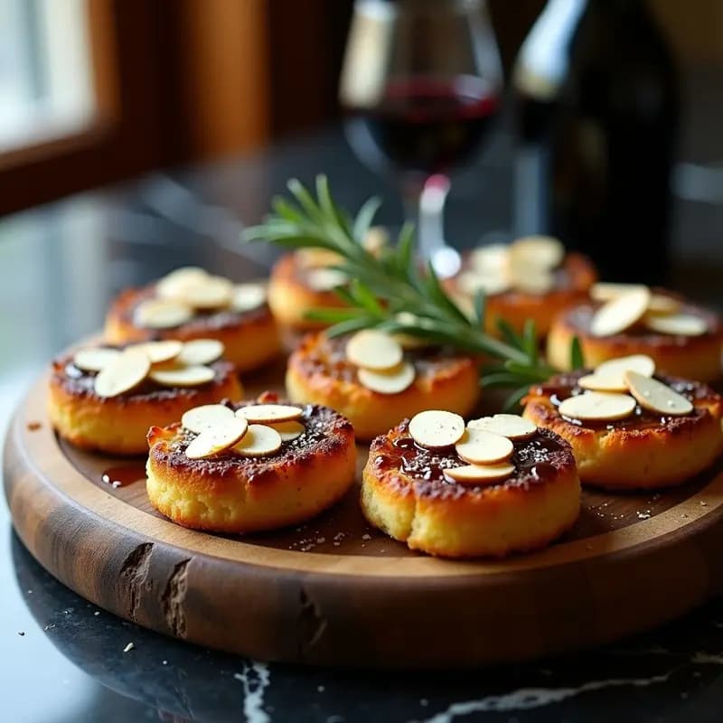 Tortas doradas y crujientes de aceite de oliva con trocitos de queso pecorino y almendras tostadas, dispuestas en una bandeja de madera rústica con un hilo de vinagre de Módena reducido y hojas de romero fresco como decoración. Aperitivo italiano gourmet.