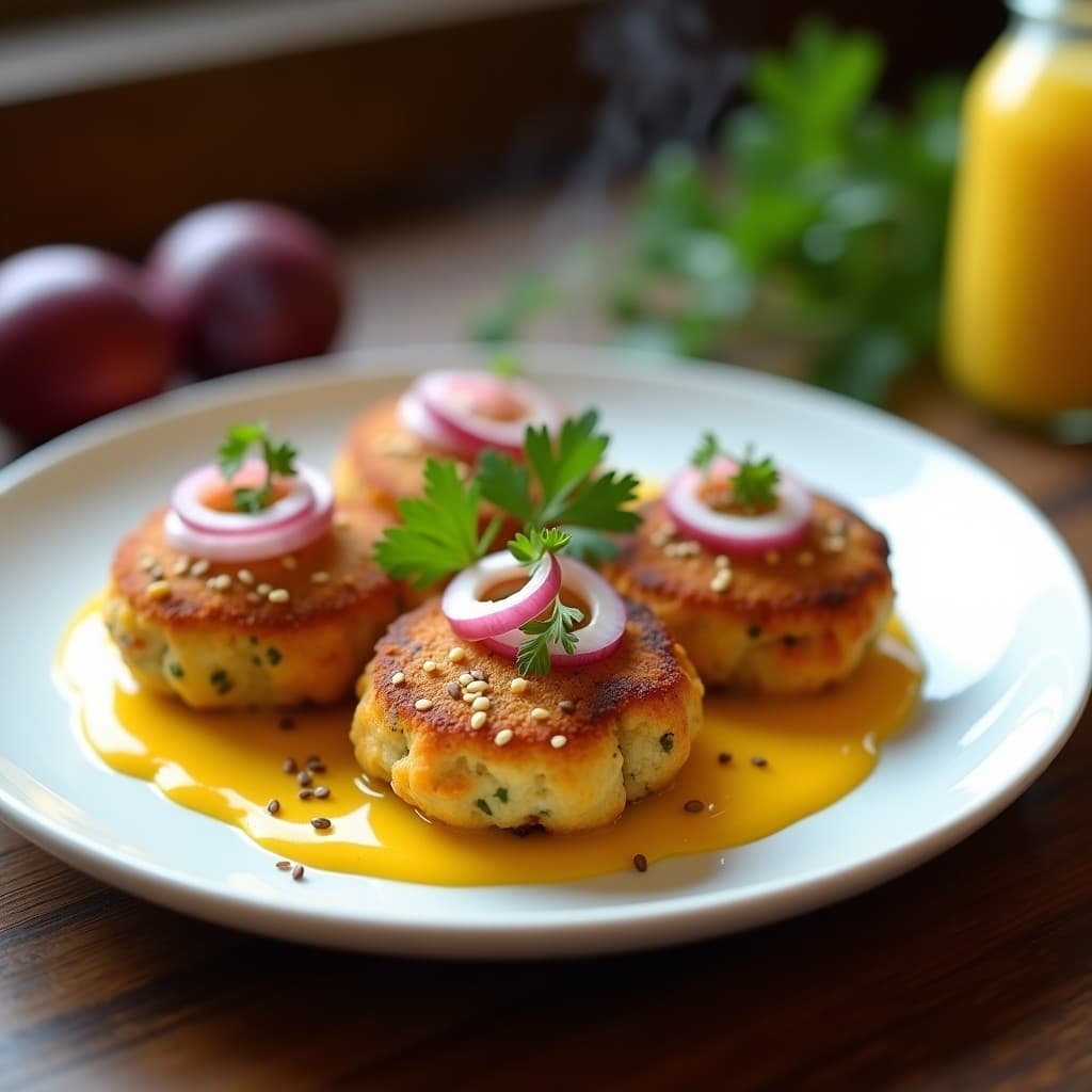 Plato blanco con tortas de camarón doradas y crujientes en airfryer, rellenas de camarones marinados, bañadas en aderezo cremoso de maracuyá amarillo intenso, decoradas con cebolla morada, cilantro fresco y semillas de ajonjolí tostado. Receta peruana de aperitivo gourmet.