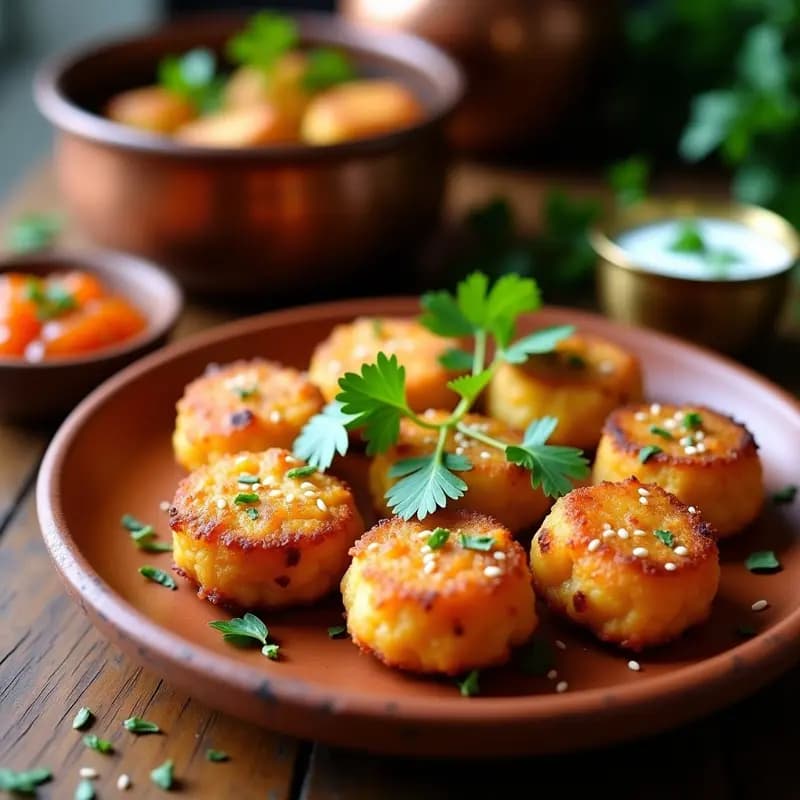 Tortas doradas y crujientes de camarones y kokum servidas en un plato de barro rústico, con semillas de sésamo espolvoreadas y hojas de cilantro fresco. Receta costera india con toque túmbaro.