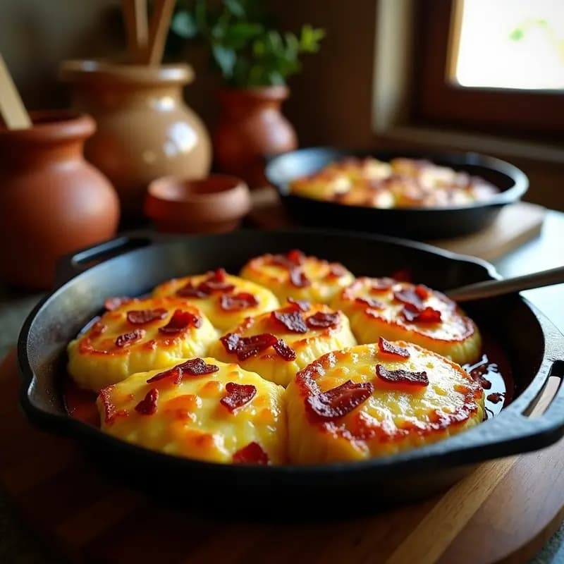 Tortas de camino asturianas doradas en sartén, con trozos de bacon crujiente y queso semicurado fundido, servidas en plato rústico de barro con fondo borroso de cocina tradicional.