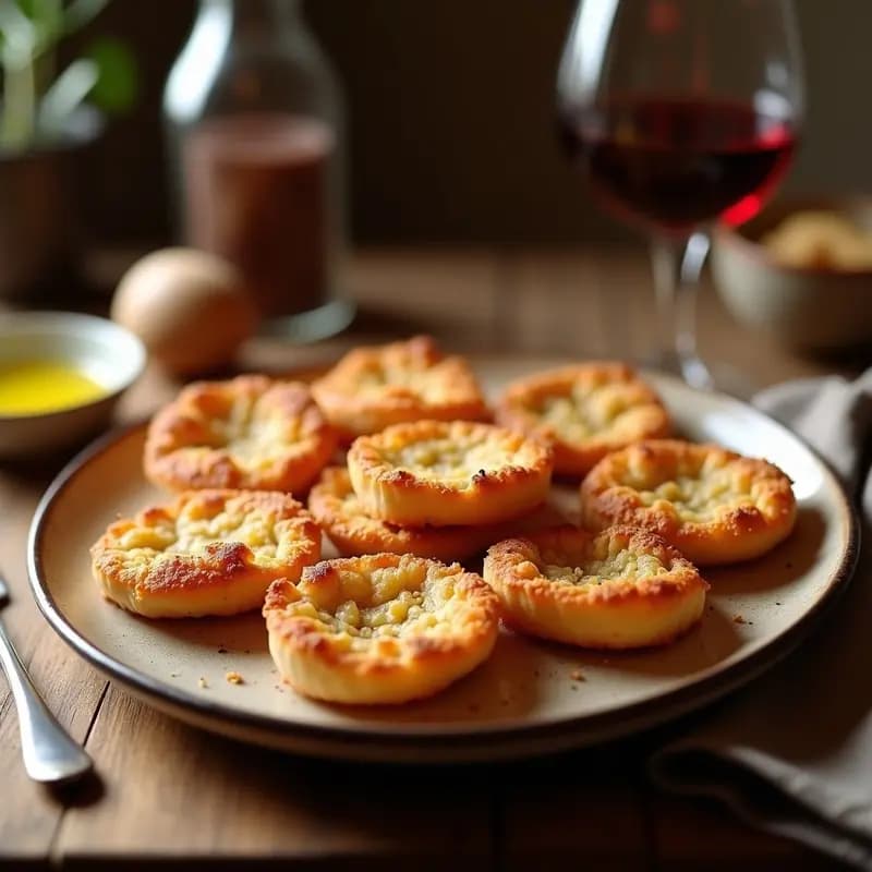 Tortas doradas y crujientes de chicharrones con pan de hortelano, aperitivo manchego tradicional, servidas en un plato rústico de barro con semillas de sésamo visibles.