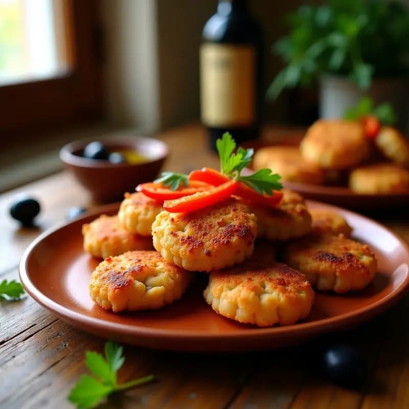 Tortas de chicharrones doradas y crujientes con tiras de pimientos asados rojos encima, servidas en un plato de barro rústico sobre una mesa de madera con aceitunas y perejil fresco.