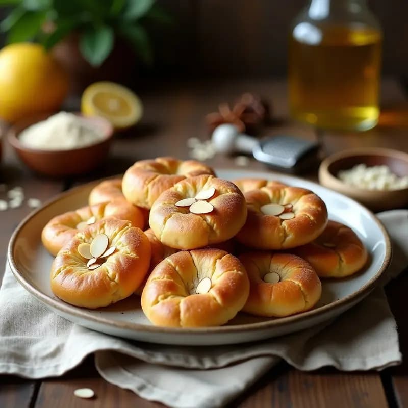 Tortas de aceite extremeñas doradas y crujientes con trigo sarraceno, espolvoreadas con almendras fileteadas, sobre un mantel de lino rústico.